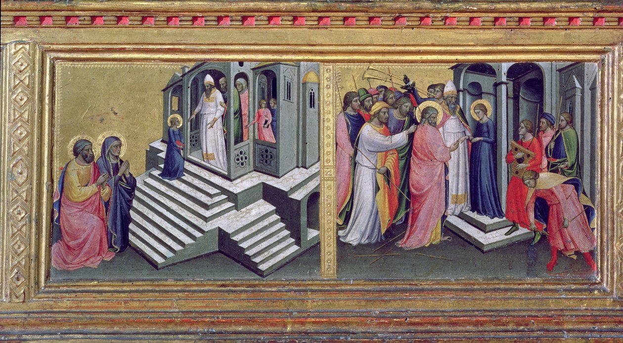 Madonna og barn med hellige, detalj av predellaen som skildrer presentasjonen i tempelet og Jomfruens ekteskap tempera på paneldetalj av 80340 av Mariotto di Nardo