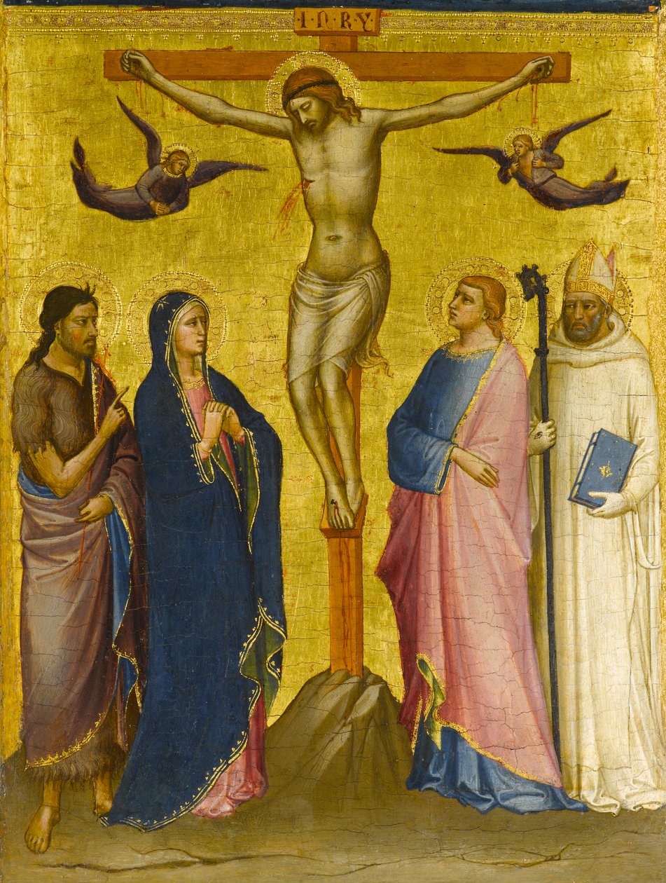 Korsfestelsen med døperen Johannes, jomfruen, evangelisten Johannes og en karteusisk helgen, ca. 1385-1390 (tempera og bladgull på panel) av Mariotto di attr.to Nardo