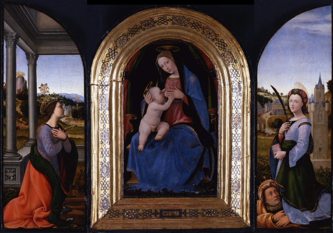 Tronet Maria lactans med de hellige Katarina av Alexandria og Barbara og hennes far Dioscurus, 15 av Mariotto Albertinelli