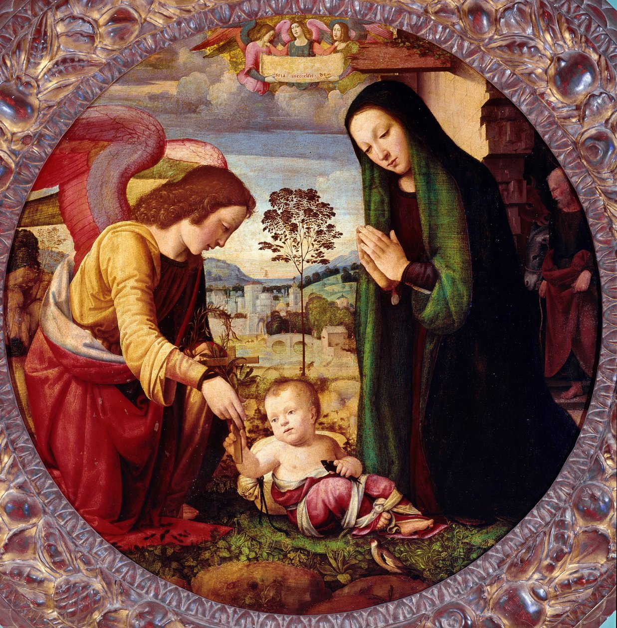 Hellig familie med en engel maleri av Mariotto Albertinelli (1474-1515) Firenze, Palazzo Pitti, Galleria Palatina av Mariotto Albertinelli