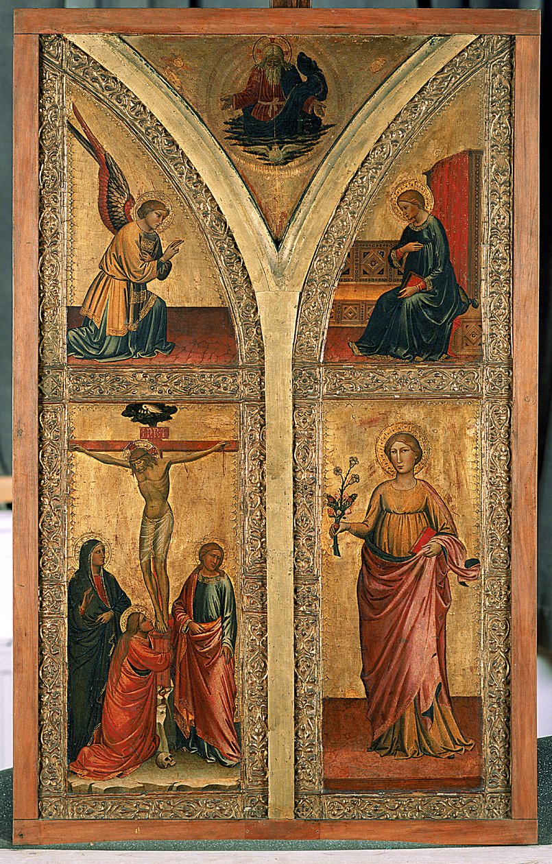 Alterfløy som viser korsfestelsen, St. Dorothy og andre helgener, ca. 1420 (tempera på poppeltre) av Mariotto di Nardo