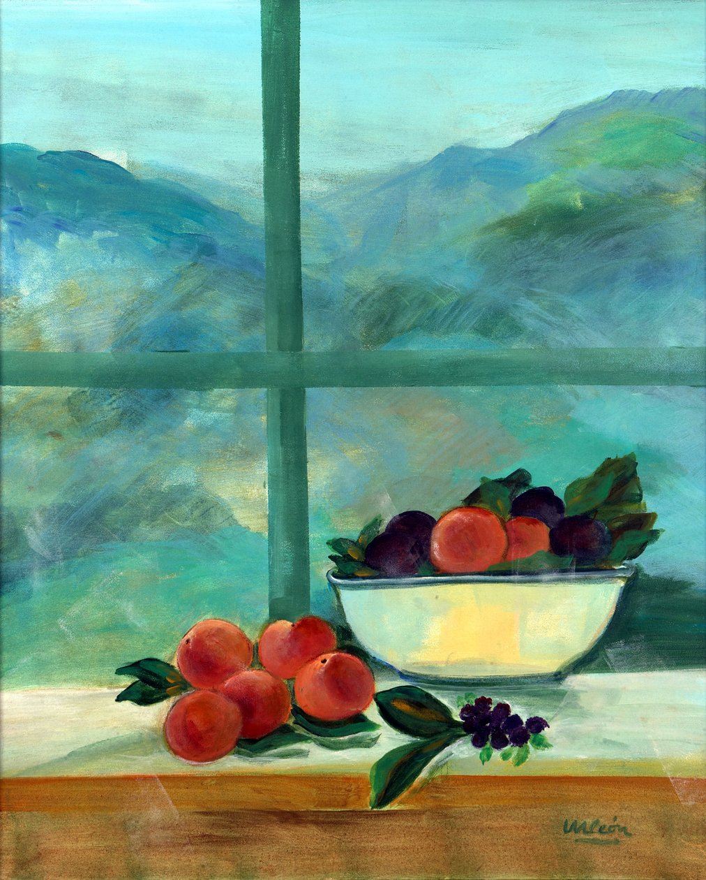 Interiør med vindu og frukt (olje og akryl på lerret) av Marisa Leon