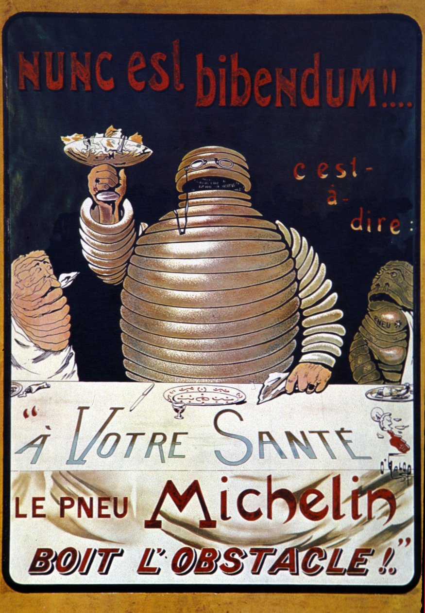 Annonseplakat Michelin-dekk: Nunc er en bibendum, Michelin-dekket drikker opp hindringen av Marius Rossillon