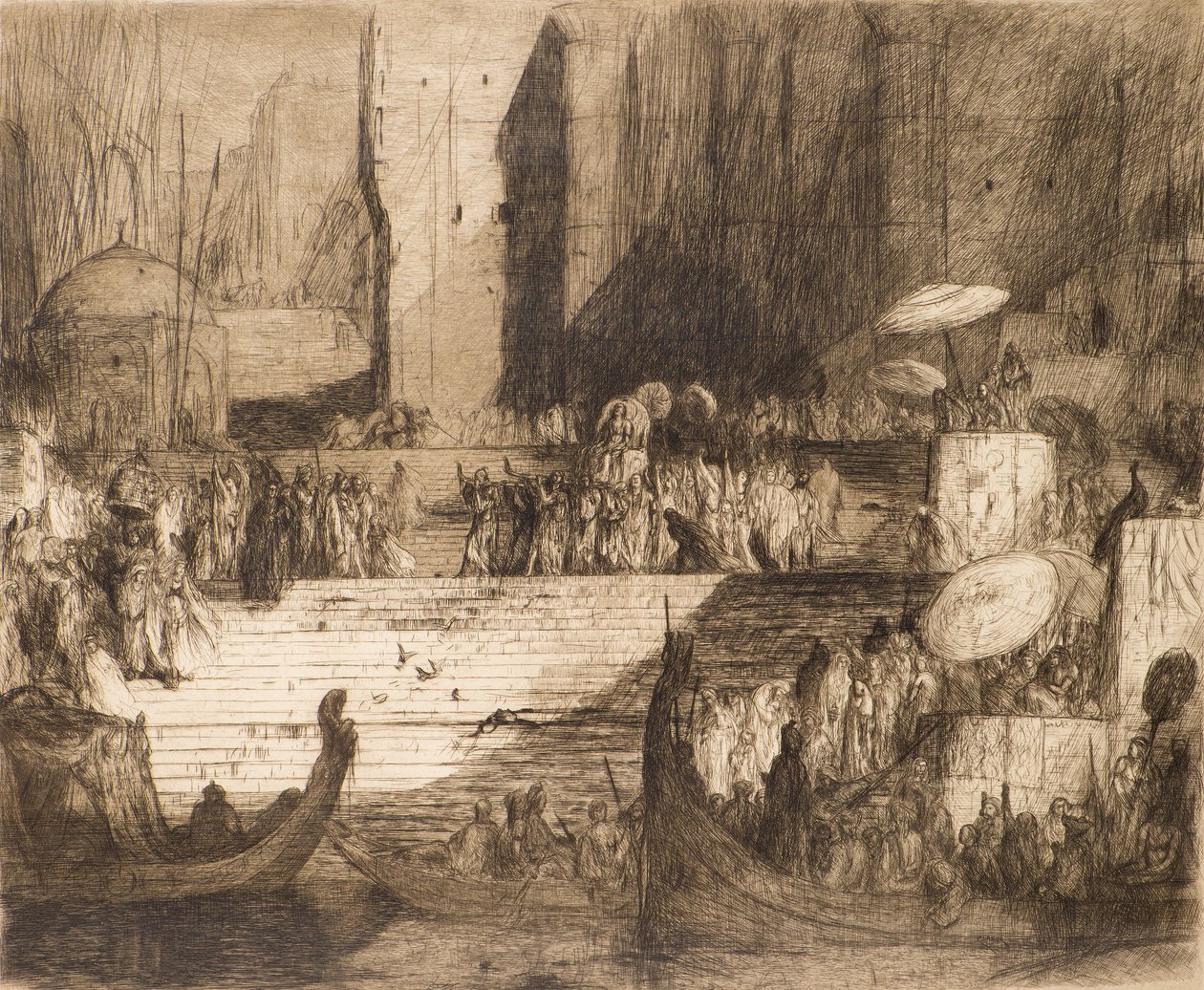 Begravelsesseremoni ved Ganges (radering) av Marius Alexander Jacques Bauer