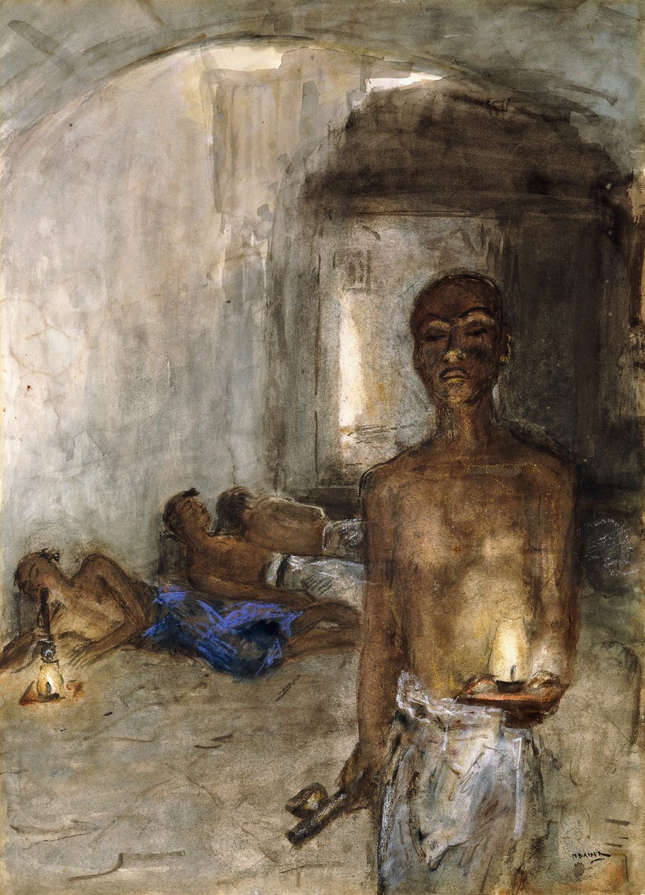 Opiumsmoker, Saigon (akvarell og farget kritt) av Marius Alexander Jacques Bauer