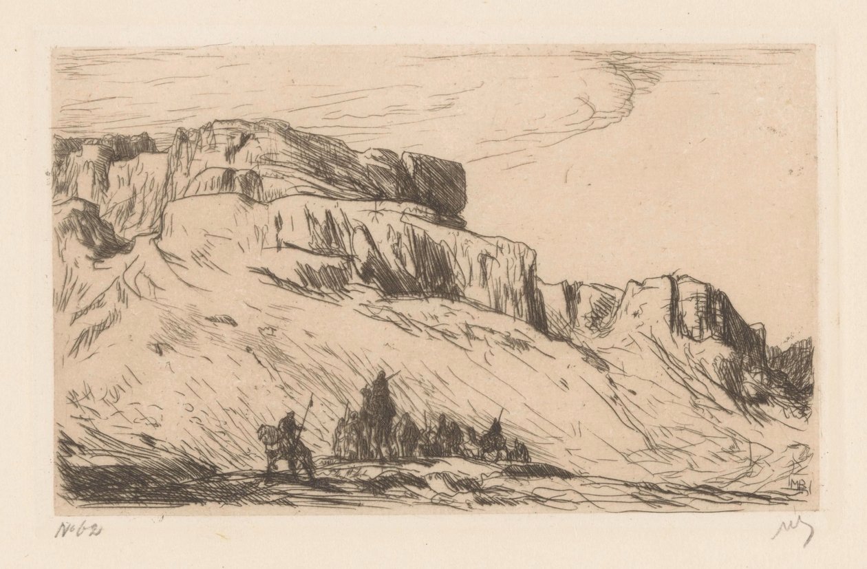 Campingvogn med kameler i ørkenlandskap av Marius Bauer (signed by artist)