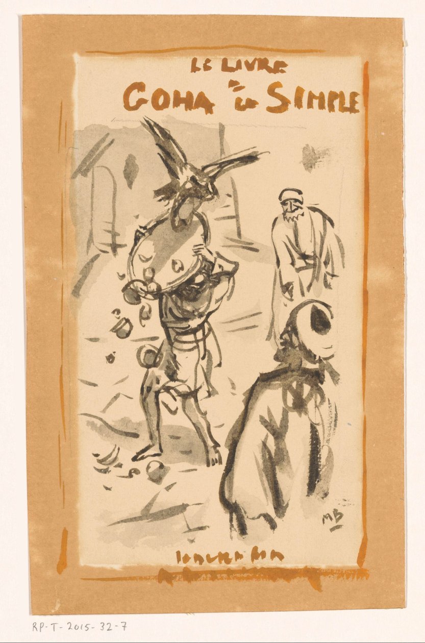 Mann med brett angrepet av en rovfugl Le livre Goha le Simple (tittel på objekt) av Marius Bauer (signed by artist)