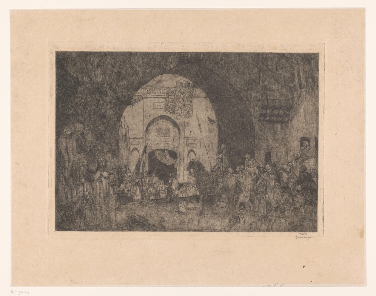 Østlige ryttere og folk ved en port av Marius Bauer (signed by artist)