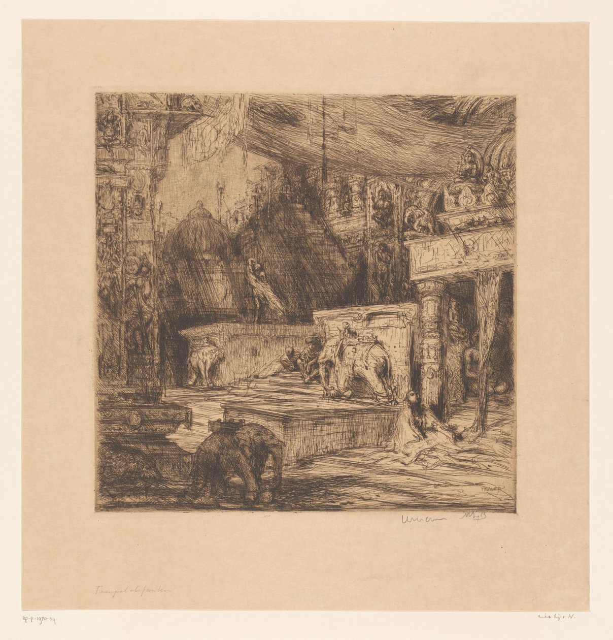 Elefanter og figurer ved et tempel Temple Elephants (tittel på objekt) av Marius Bauer
