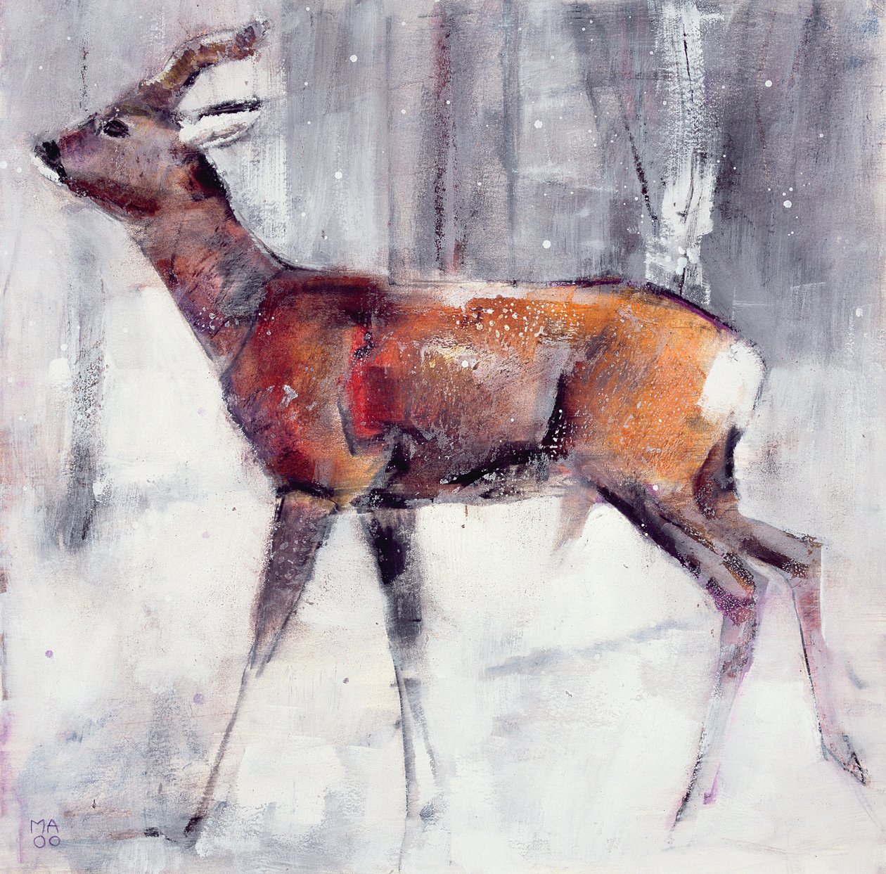 Buck in the snow, 2000 (blandet media på papir) av Mark Adlington