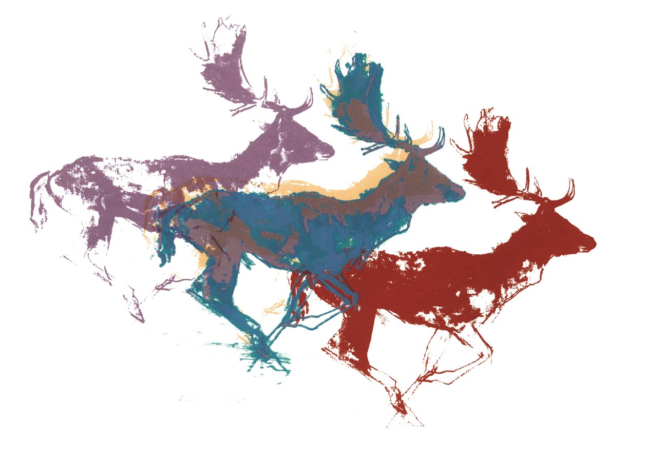 Fallow Bucks (tre), 2015, (skjermtrykk) av Mark Adlington
