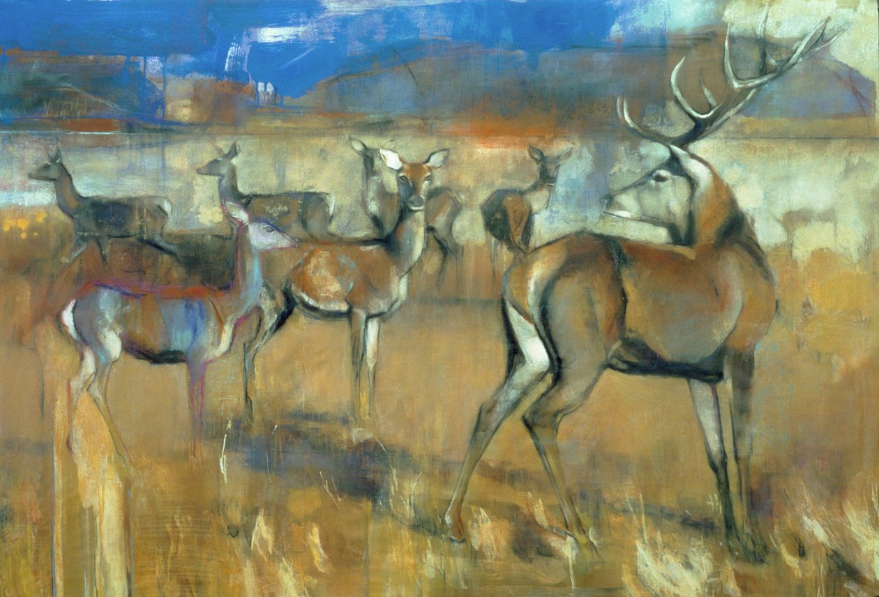 Gathering Deer, 1998 (blandet media og collage på papir) av Mark Adlington