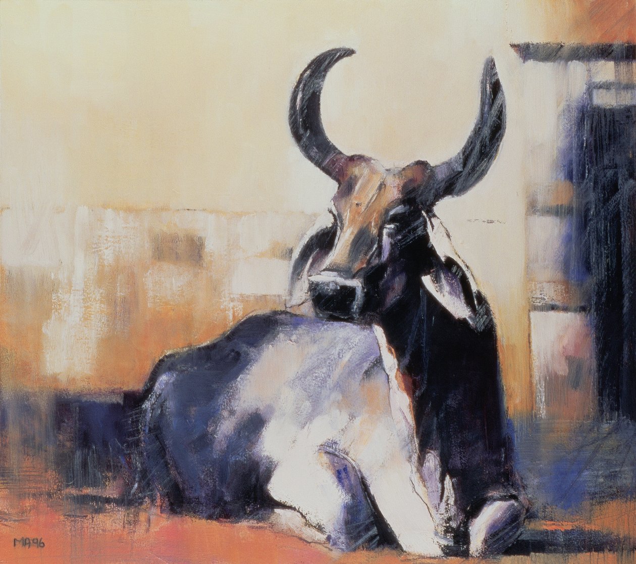 Sacred Cow, Bhuj, 1996 (olje på papir) av Mark Adlington