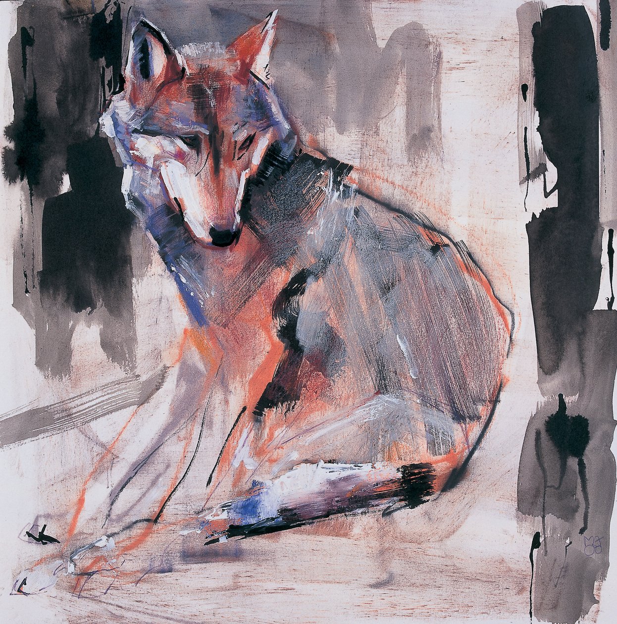 Sitting Wolf, 2000 (blandet media på papir) av Mark Adlington