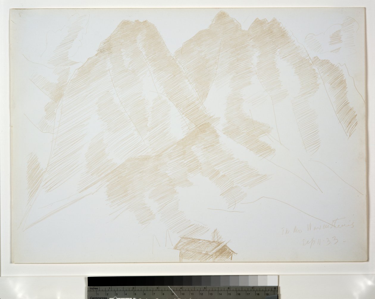 Fjelllandskap med bygninger i forgrunnen av Marsden Hartley