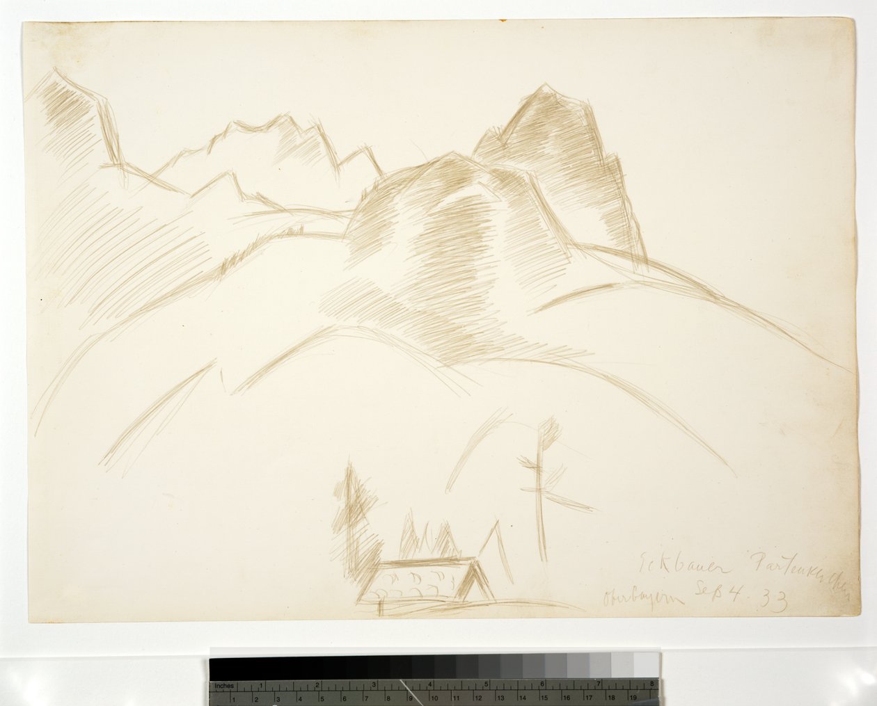 Fjelllandskap med hus i forgrunnen, 1933 av Marsden Hartley