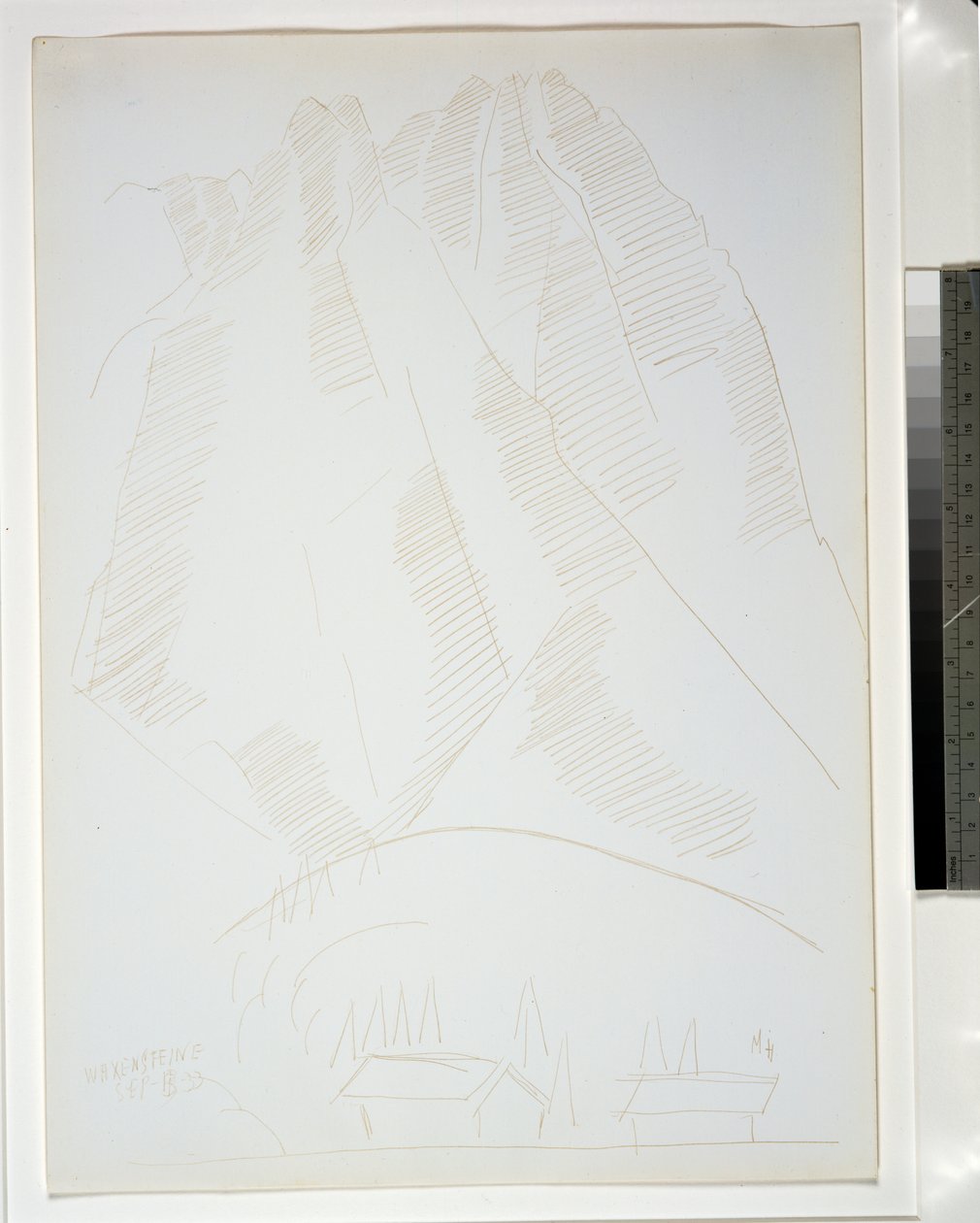 Fjelllandskap med to bygninger i forgrunnen av Marsden Hartley