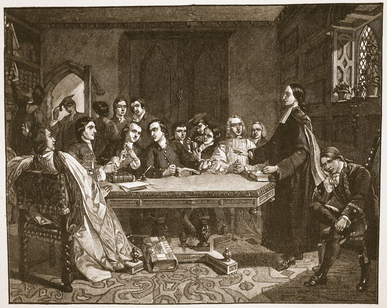 John Wesley og vennene hans i Oxford, illustrasjon fra 'The Church of England: A History for the People' av HDM Spence-Jones, pub. ca. 1910 (litho) (sepia-bilde) av Marshall (after) Claxton