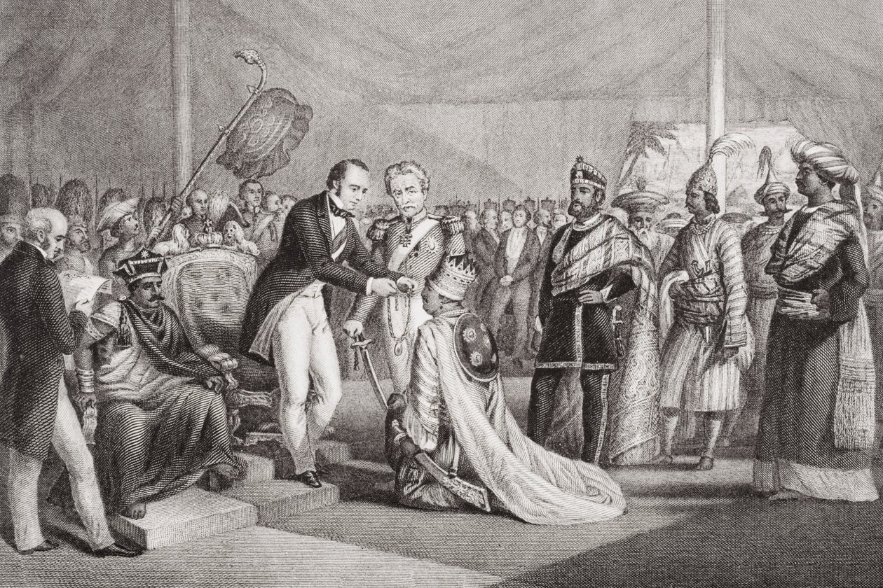 Grand Durbar i Cawnpore etter undertrykkelsen av Sepoy-opprøret, 1858, fra "Illustrasjoner av engelsk og skotsk historie" bind II av Marshall Claxton