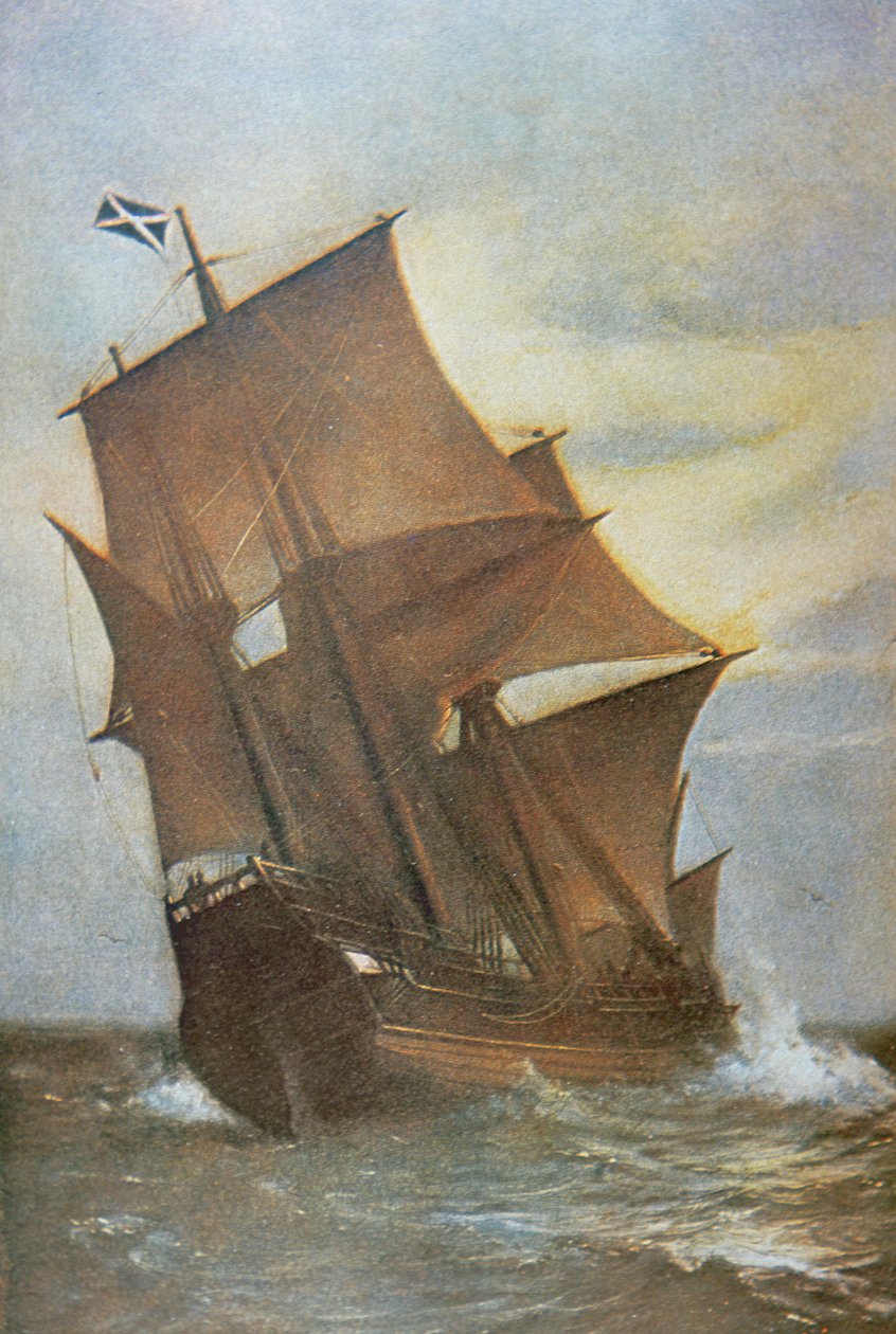 Mayflower som fraktet pilegrimsfedrene over Atlanterhavet til Amerika i 1620 (olje på lerret) av Marshall Johnson