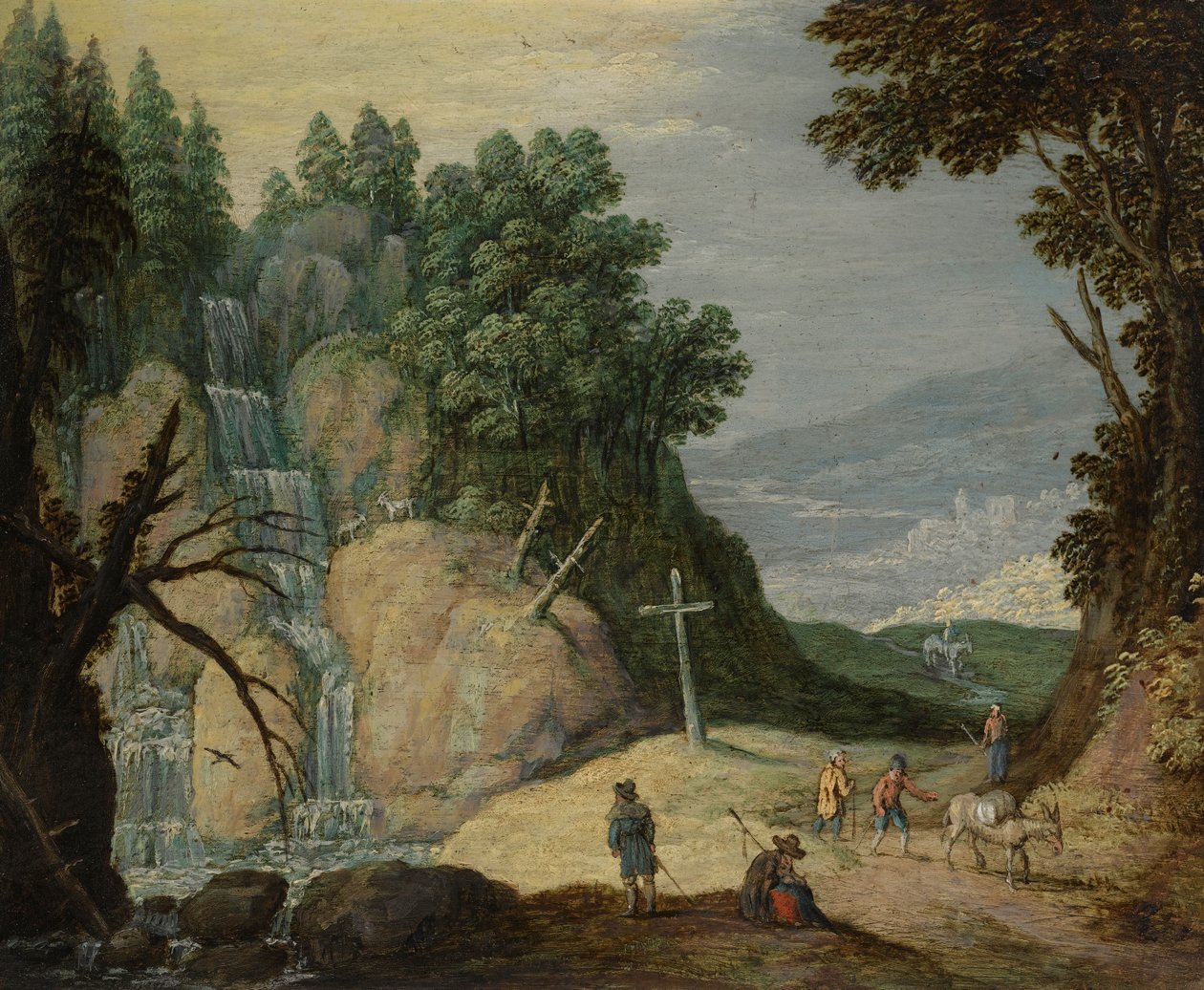 Et steinete landskap med en foss og reisende på en sti av Marten Ryckaert