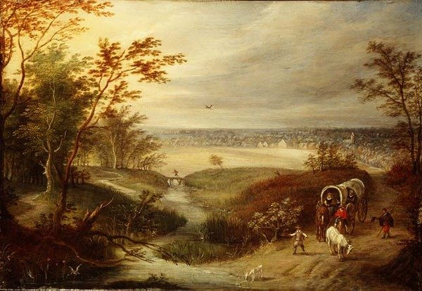 Et omfattende skogkledd landskap med en vogn ved et vadested av Marten (attr. to) Ryckaert
