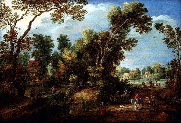 Skogkledd elvelandskap med figurer av Marten Ryckaert