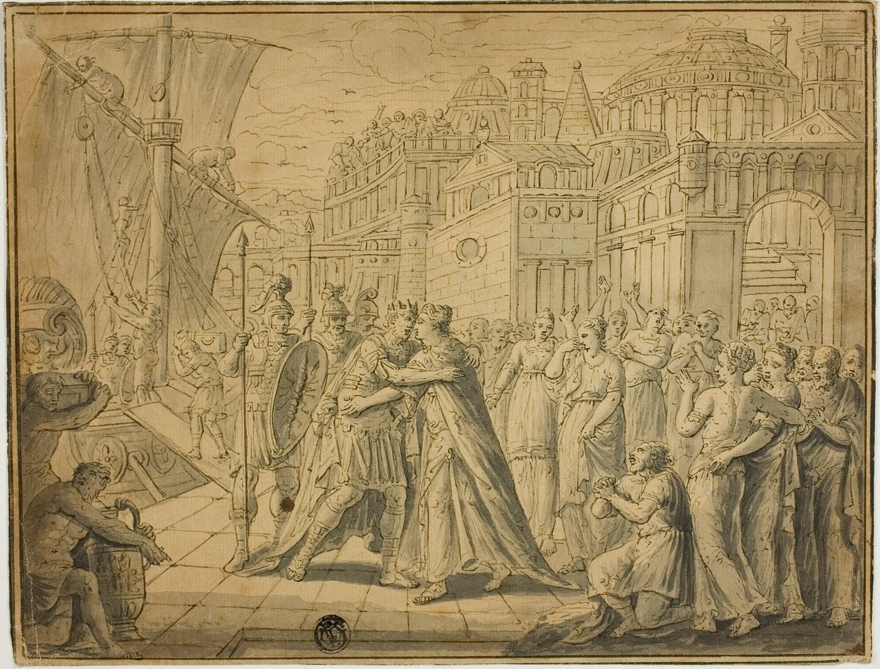 Dido og Aeneas omfavner før portene til Carthage av Marten de Vos