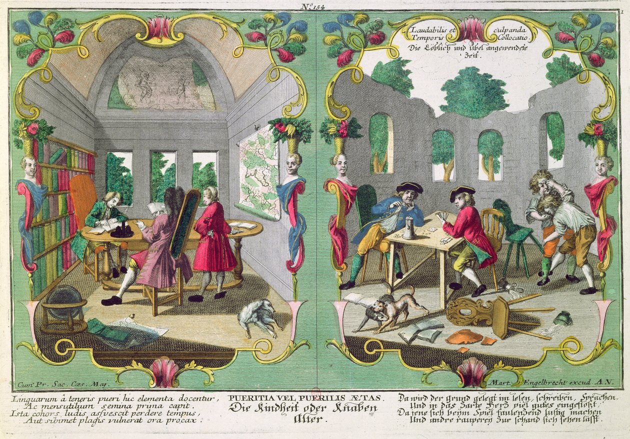 Gode og dårlige barn, tidlig på 1700-tallet (fargegravering) av Martin Engelbrecht