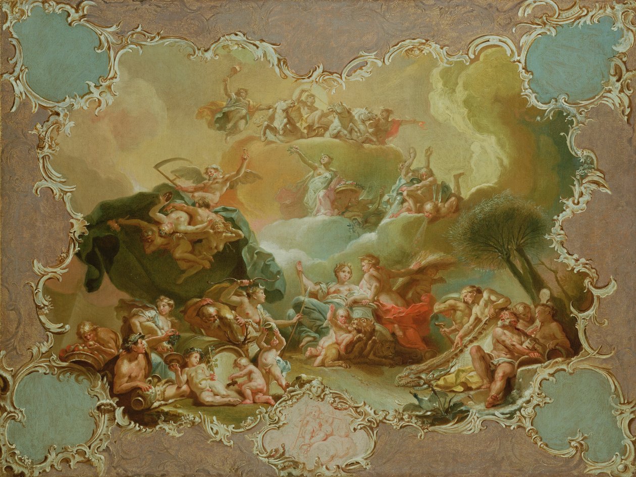 Modell for en takdekorasjon som viser Ceres med jordens frukter med Time overcoming Envy og Flora som tilbyr blomster til Apollo av Martin Knoller