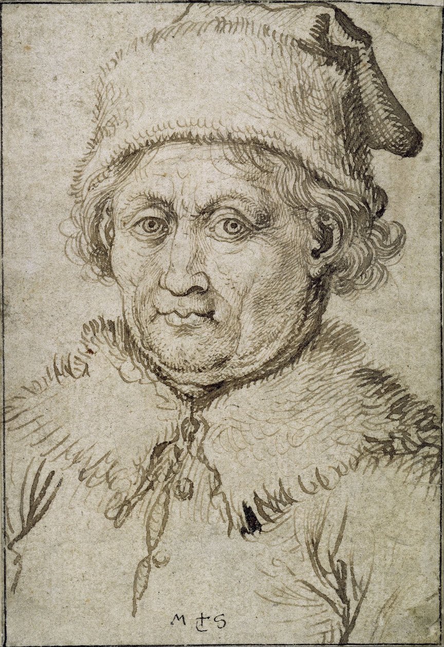 Brystlengdebilde av en gammel mann med pelskrage og hatt av Martin Schongauer