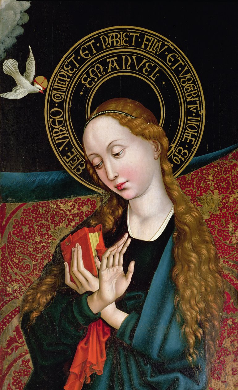 Detalj av jomfruen fra kunngjøringen, fra Orlier-altertavlen, ca. 1468-70 av Martin Schongauer