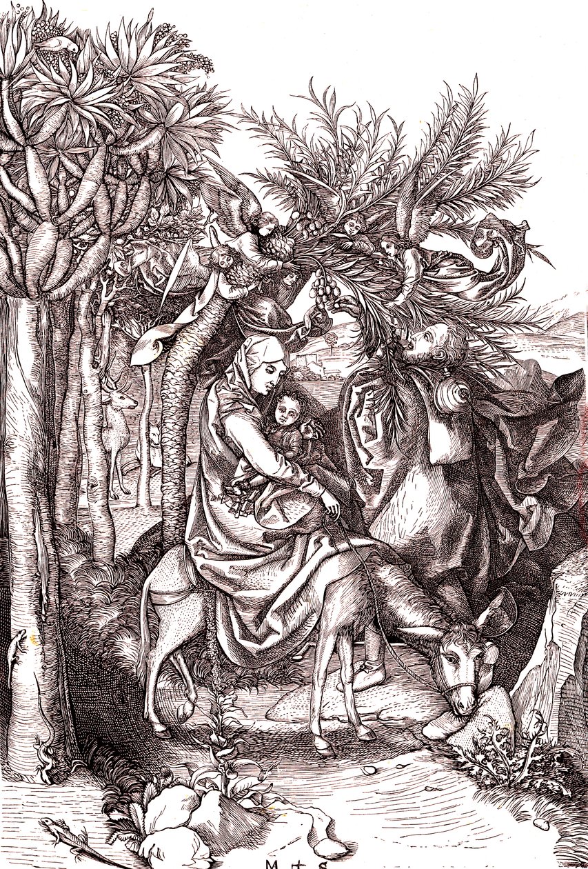 Flyturen til Egypt, den hellige familie av Martin (after) Schongauer