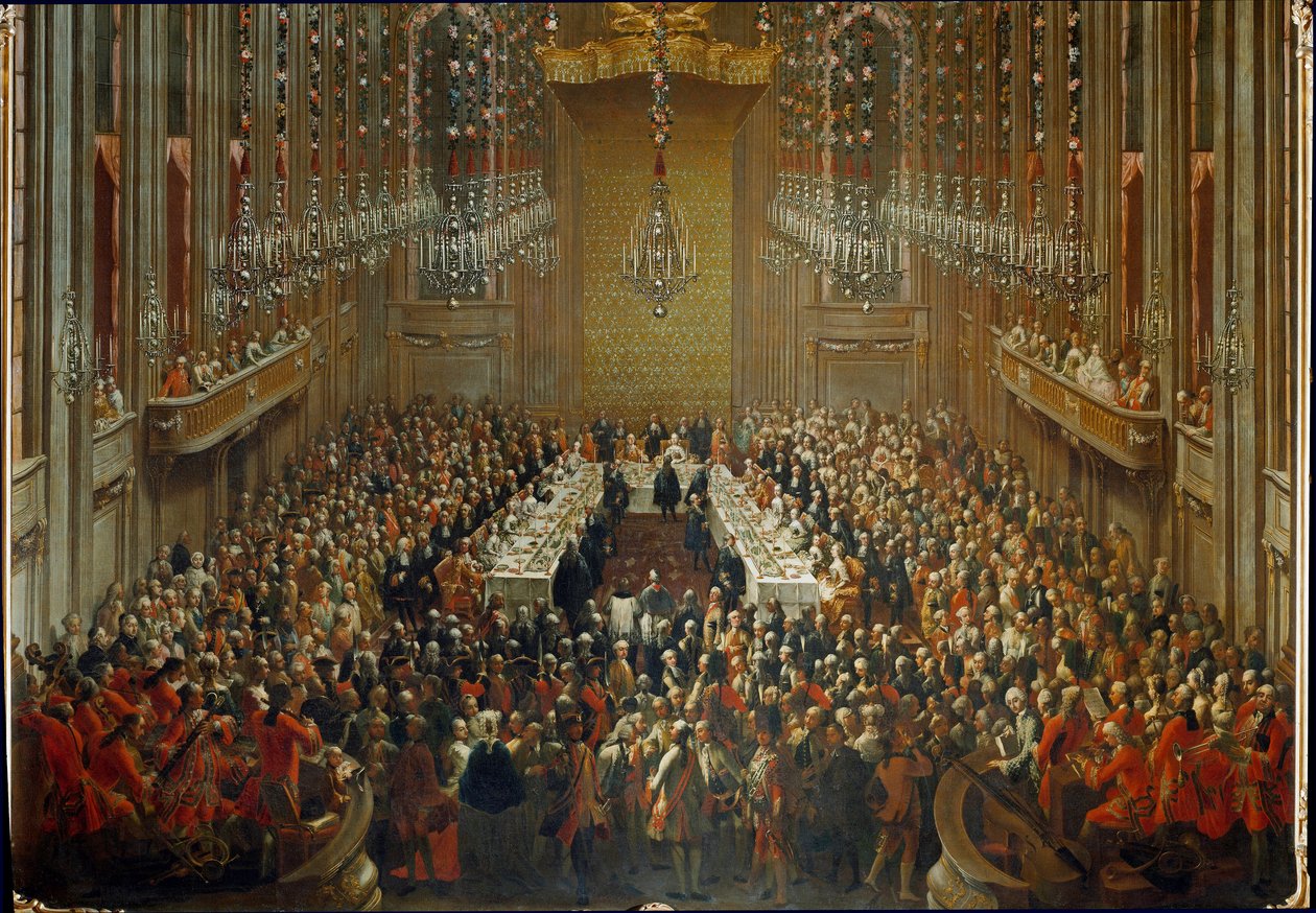 Bankett i anledning bryllupet til keiser Joseph II og Isabella av Parma den 06.10.1760. Med Mozart stående i orkesteret av Martin (and studio) Mytens or Meytens