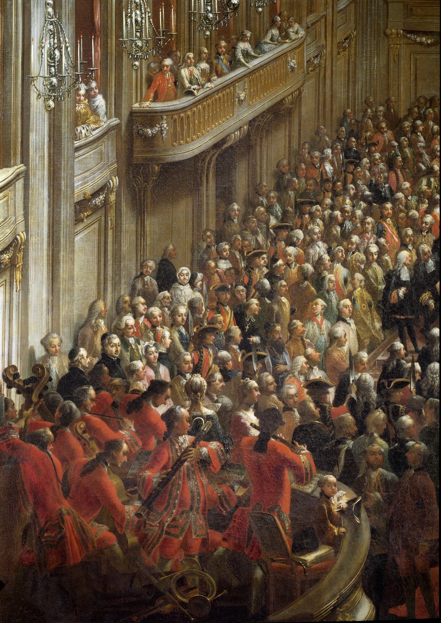 Mozart-barn i nærheten av musikerne. detalj av offisiell bankett for bryllupet til prinsesse Isabella av Parma med keiser Joseph II (maleri av Martin (and studio) Mytens or Meytens
