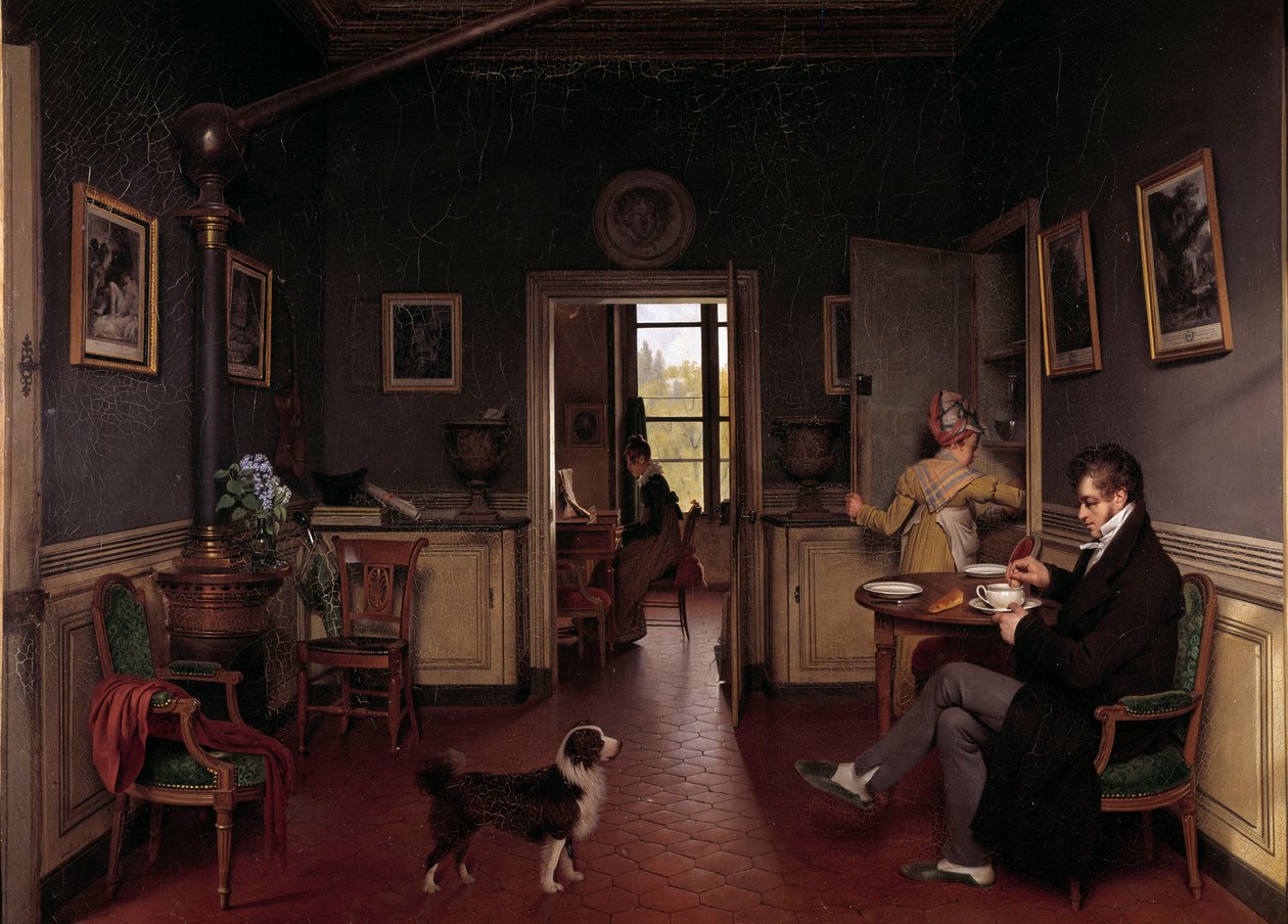 En innvendig utsikt over en spisestue i 1815 En mann i en tøffel tar frokosten foran hundens øyne. Maleri av Martin Drolling (1752-1817) av Martin Drölling