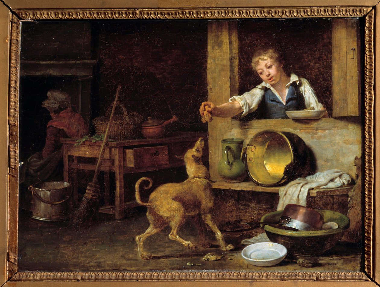 Kjøkkeninnredning En ung tjener gir hunden restene. Maleri av Martin Drolling (1752-1817) 1800-tallets Orleans, Museum of Fine Arts av Martin Drölling