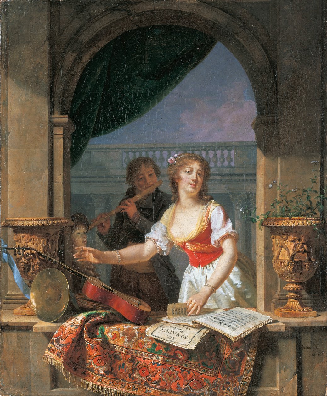 En ung dame som strekker seg etter en gitar ved en steinramme og en gutt spiller på fløyte bortenfor, 1796-97 av Martin Drölling