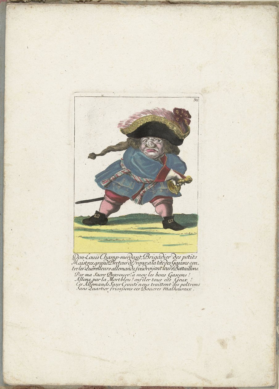 De Franse dwerg Don Luis Champ-merdant, ca. 1710 Don Luis Champ-merdant, Brigadier of the Little Masters, Grand Breteur of France, i spissen for Gascons mot de tyske stridsmennene, og slo ned bataljonene deres (tittel på objekt) Il Callotto gjenopplivet av Martin Engelbrecht (attributed to)