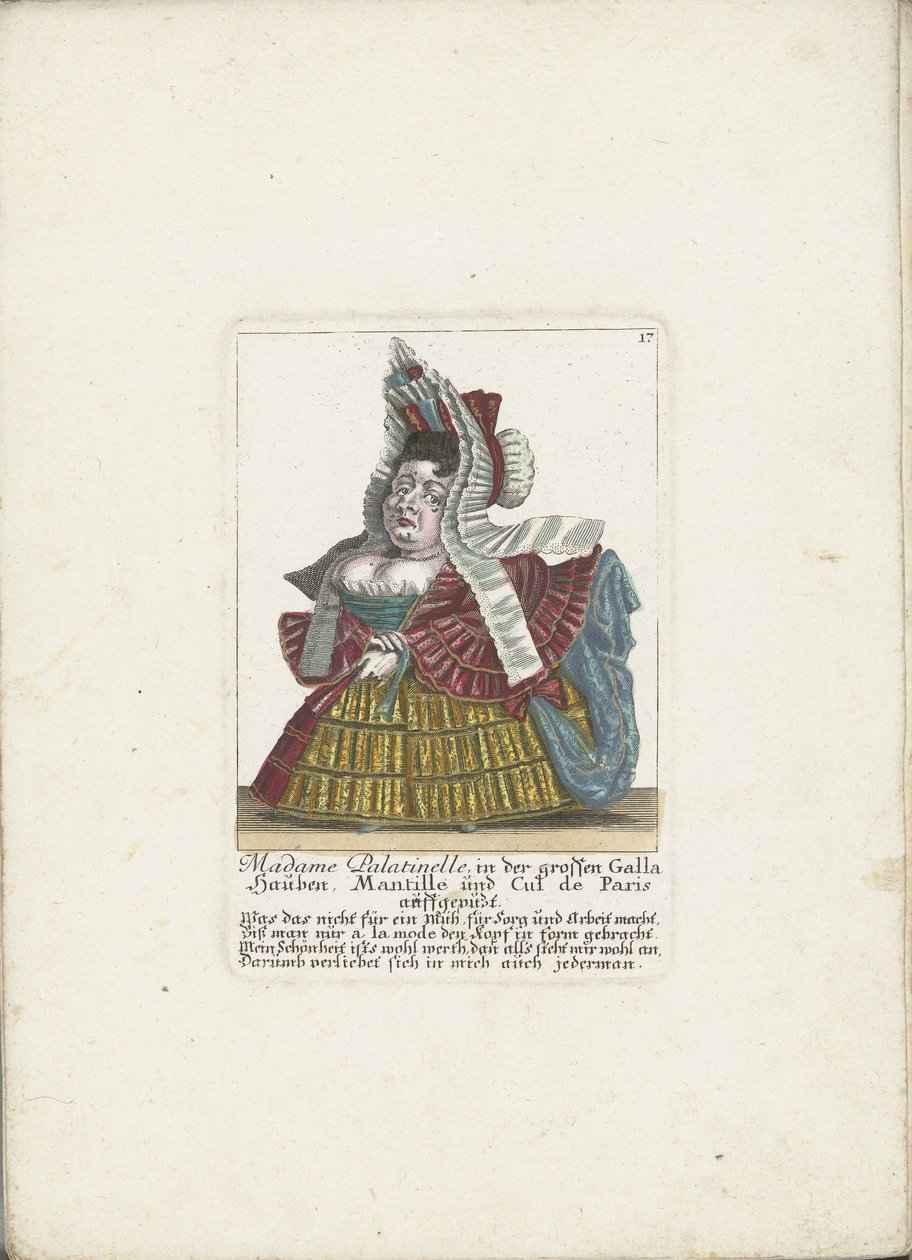 De Franse dwerg Madame Palatinelle, ca. 1710 Madame Palatinelle, i de store galla-panserne, mantille og cul de Paris pimpet opp (tittel på objekt) Il callotto resurcitato eller nyinnredet midtseksjonsskap (serietittel) av Martin Engelbrecht (attributed to)