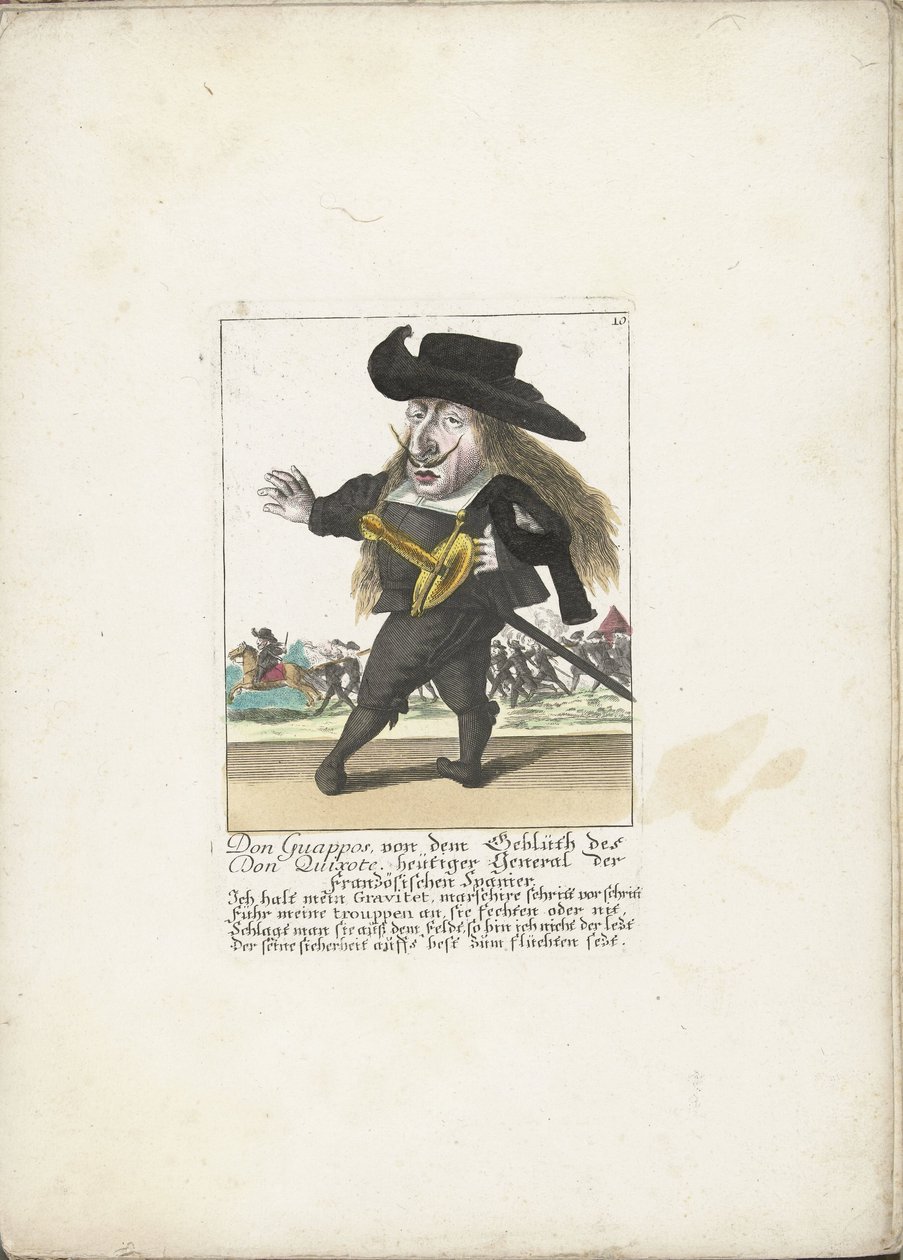 Den spanske dwerg Don Guappos, ca. 1710 Don Guappos, fra blodet til Don Quijote, dagens general for de franske spanjolene (tittel på objekt) Il Callotto resurcitato eller nyinnredet lite skap (serietittel) av Martin Engelbrecht (attributed to)