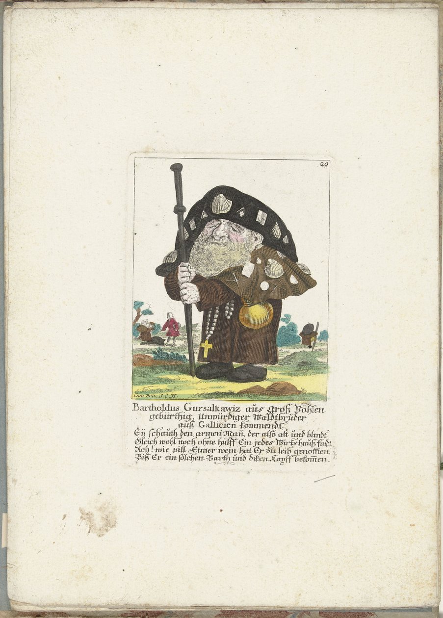De dwerg Bartholdus Gursalkawiz som pelgrim uit Compostella, ca. 1710 Bartholdus Gursalkawiz, født i Groß Pohlen, uverdig skogbror fra Gallicia (tittel på objekt) Il Callotto resurcitato eller nyinnredet lite skap (serie av Martin Engelbrecht (attributed to)