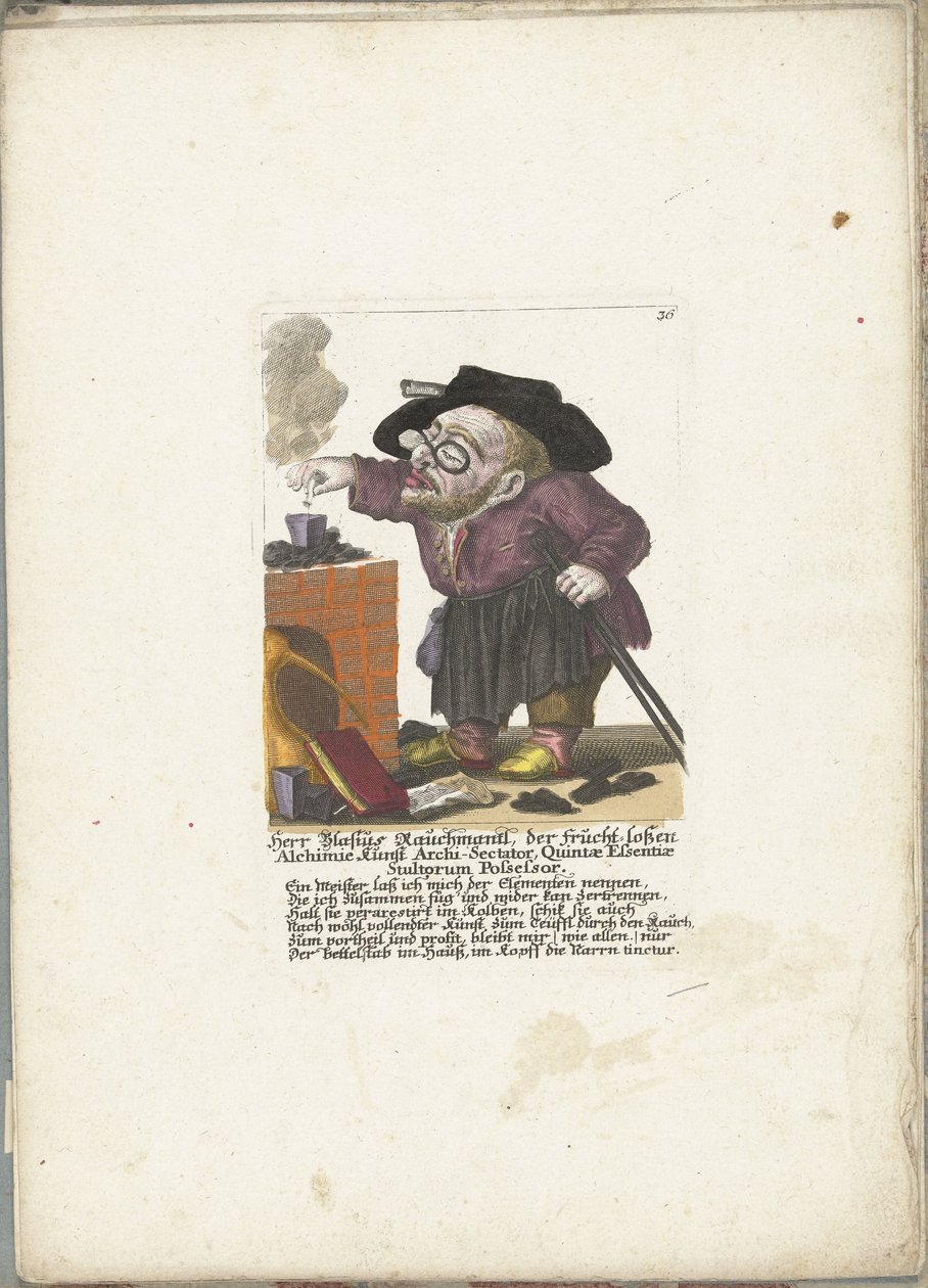 De werg Blasius Rauchmantl som alkymist, ca. 1710 Herr Blasius Rauchmantl, der frucht-loßen Alchimie kunst Erkesekterisk, besitter av dårenes femte essens (tittel på objekt) Il Callotto resurcitato oder Neu eingrichtes Zwerchen Cabinet (serie ti av Martin Engelbrecht (attributed to)