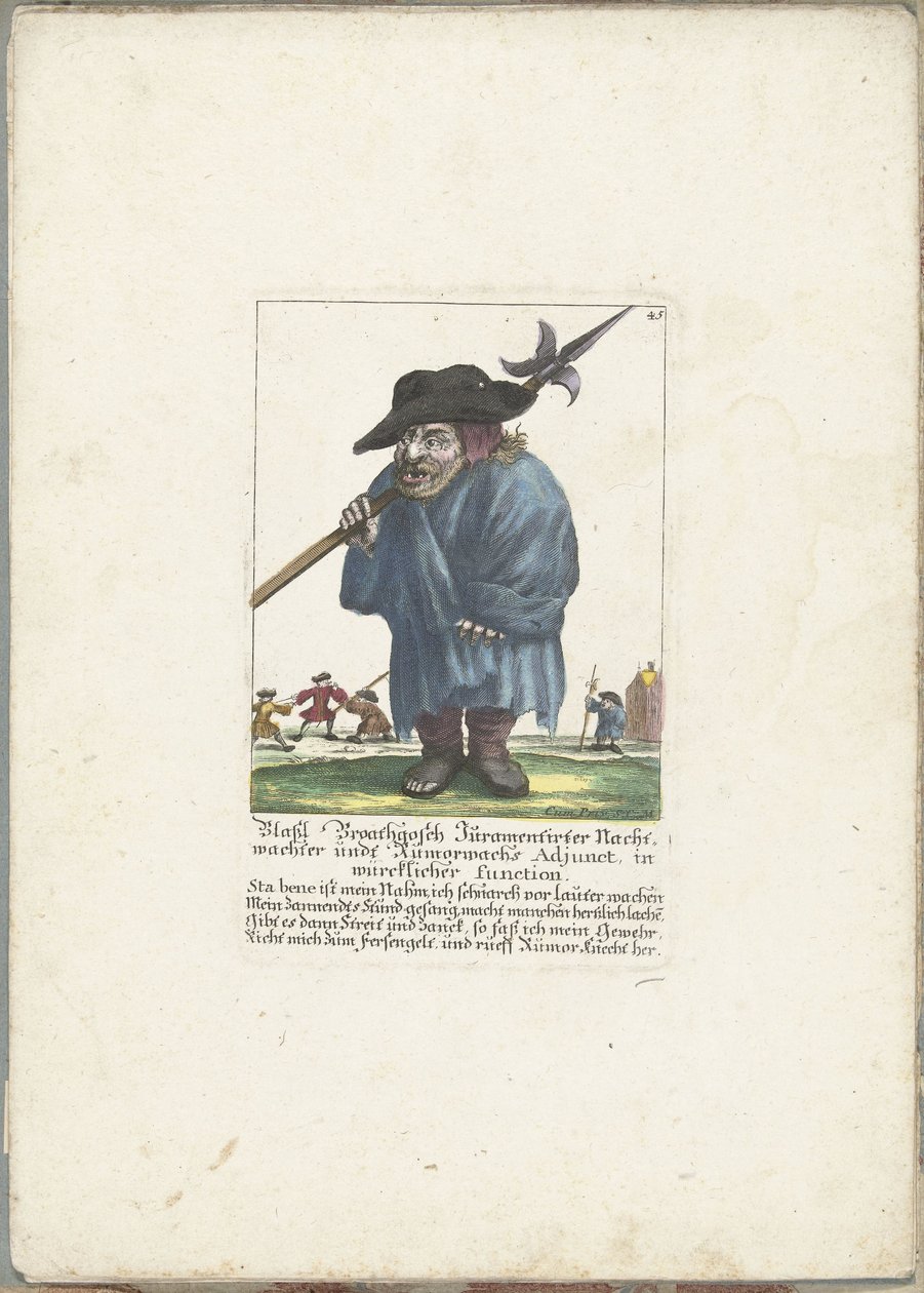 Dwerg Blassl Broatgosch, rundt 1710 Blassl Broatgosch Jurassic Night Watchman and Rumorwachs Adjunct, i ekte funksjon (tittel på objekt) Il Callotto resurcitato eller nyinnredet lite skap (serietittel) av Martin Engelbrecht (attributed to)
