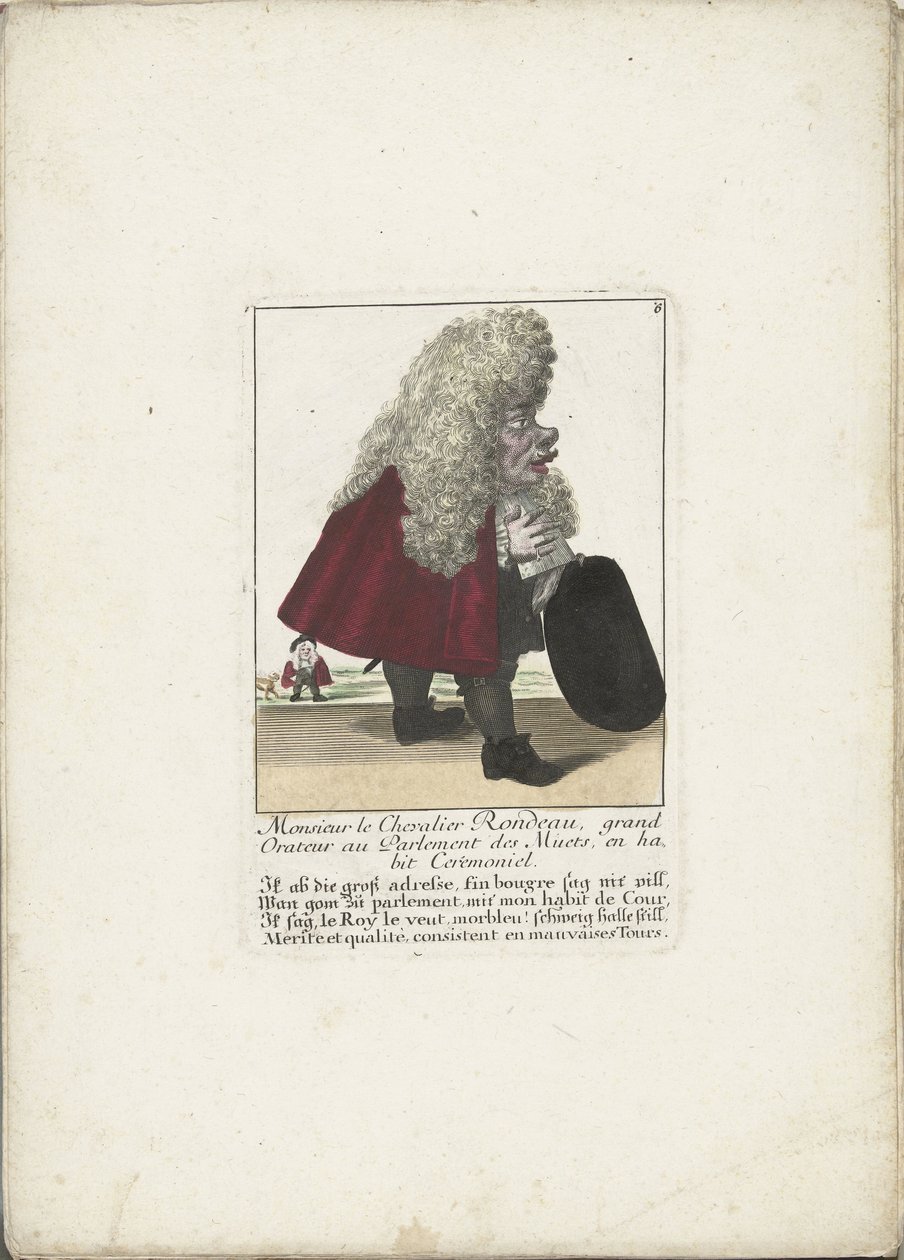 Fra dwerg Chevalier Rondeau als een parlamentslid, ca. 1710 Monsieur le Chevalier Rondeau, Grand Orator i De stummes parlament, i seremoniell kjole (tittel på objekt) Il Callotto resurcitato oder Neu eingerichtes Zwerchen Cabinet (serietittel) av Martin Engelbrecht (attributed to)