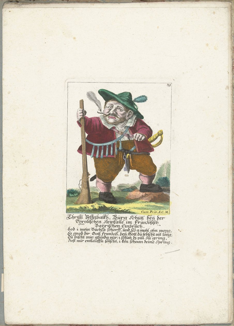 De dwerg Christl Vestnbalkh, ca. 1710 Christl Vestnbalkh, Bürg Schütz ved den tyrolske steinfellen i det franske Baijrian-innbruddet (tittel på objekt) Il Callotto resurcitato eller nyinnredet Zwerchen-kabinett (serietittel) av Martin Engelbrecht (attributed to)