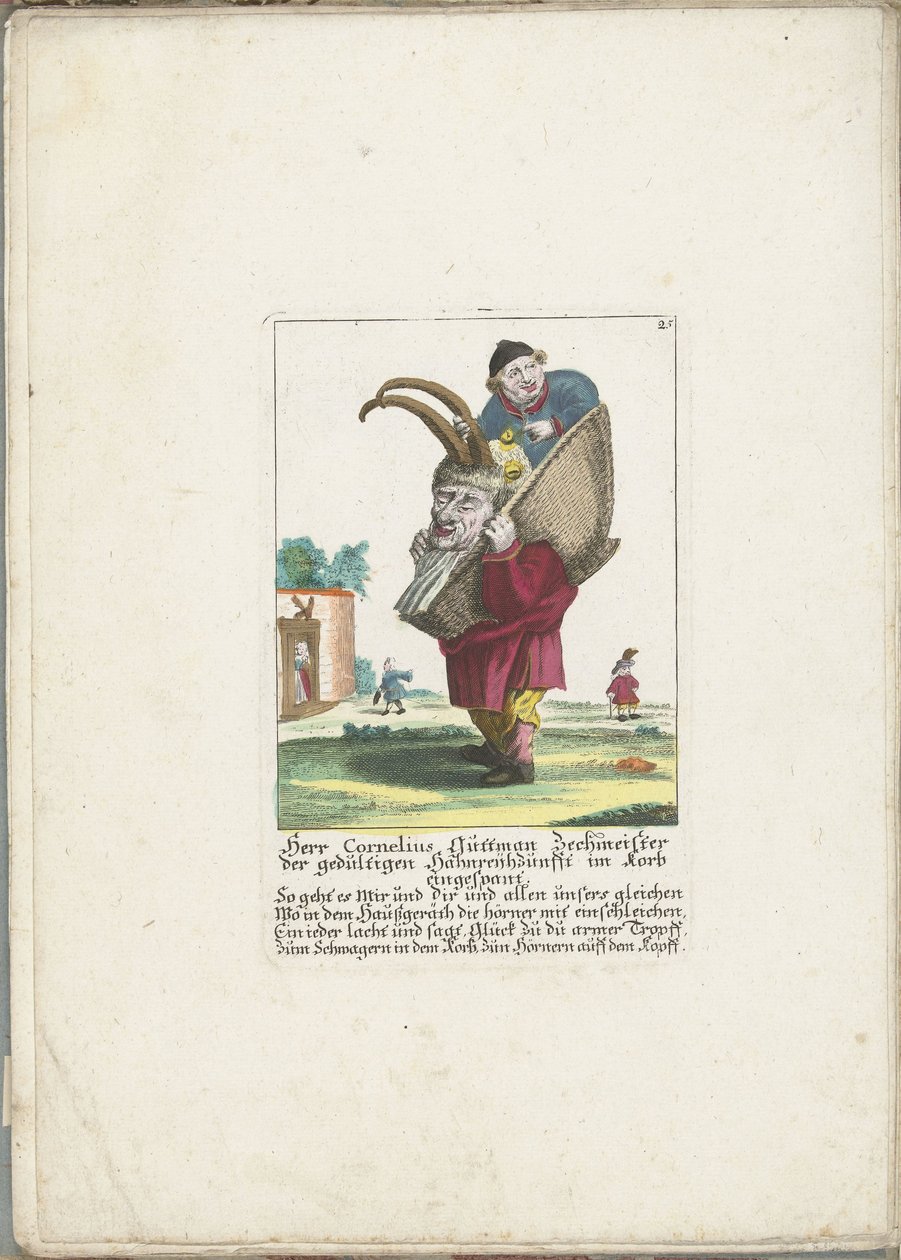 De dwerg Cornelius Guttman som hoorndrager, ca. 1710 Mr. Cornelius Guttman fyllikeren til det tålmodige hanelauget trukket i en kurv (tittel på objekt) Il Callotto resurcitato eller nyinnredet lite skap (serietittel) av Martin Engelbrecht (attributed to)