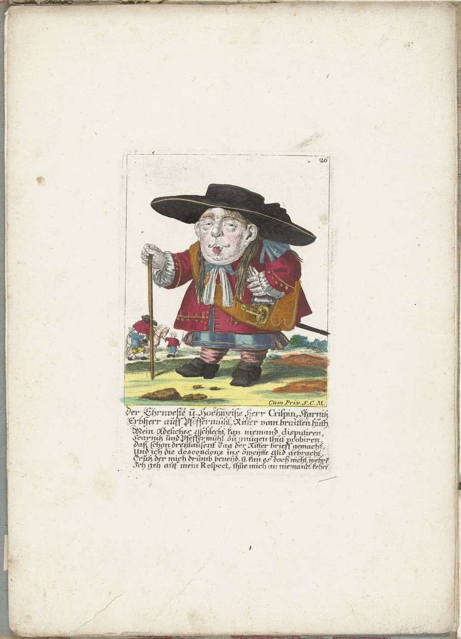 De dwerg Crispin Skarnitz, ca. 1710 Ehrnveste og Hochweiße Herr Crispin, Skarnitz arveherre auff Pfeffermühl, ridder av braitten huth (tittel på objekt) Il Callotto resurcitato eller nyinnredet lite skap (serietittel) av Martin Engelbrecht (attributed to)
