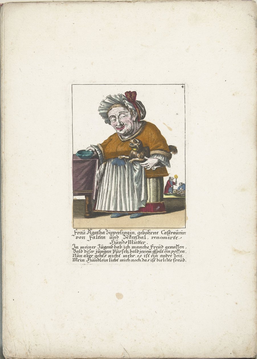 De dwerg Frau Agatha Zipperlingin met hondje, ca. 1710 Fru Agatha Zipperlingin, født Castaunin von Falten und Zeckerthal, anerkjent hundemor (tittel på objekt) Il Callotto resurcitato eller nyinnredet lite skap (serietittel) av Martin Engelbrecht (attributed to)