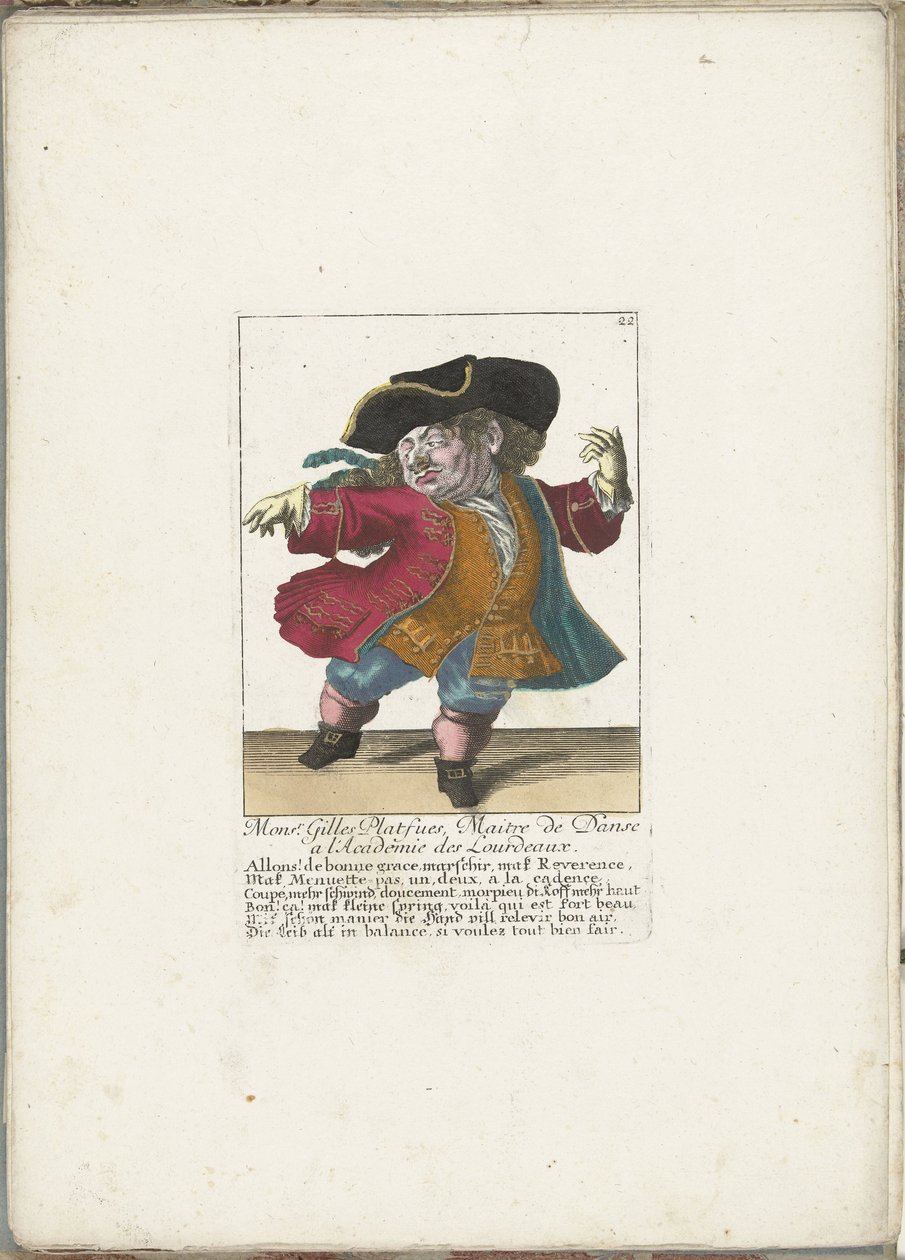 Dvergen Gilles Platfues som fransk dansemester, ca. 1710 Mgr. Gilles Platfues, Master of Dance ved Academie des Lourdeaux (tittel på objekt) Il Callotto resurcitato eller nyutnevnt Zwerchen-kabinett (serietittel) av Martin Engelbrecht (attributed to)